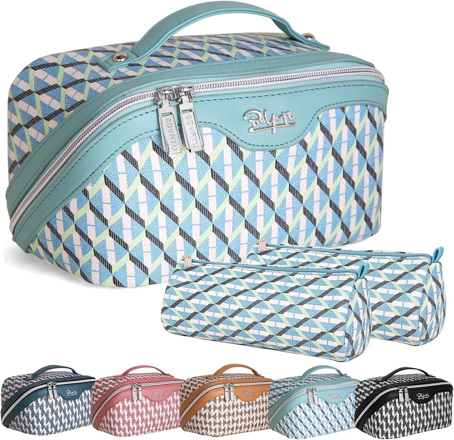 BOYATU Travel Makeup Bags for Women: Large Capacity Cosmetic Bag Set of 3 - Vegan Leather Make up Bags with Compartments - Wide Open Waterproof Toiletry Organizer Bag with Handle (03-Glacial Blue)