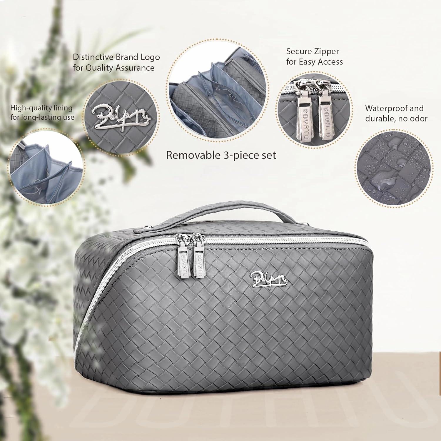BOYATU Travel Makeup Bags for Women: 3 Piece Make up Bags Set - Large Cosmetic Bag - Vegan Leather Makeup Organizer - Portable Toiltery Bag with Divider & Handle (L05 Grey)