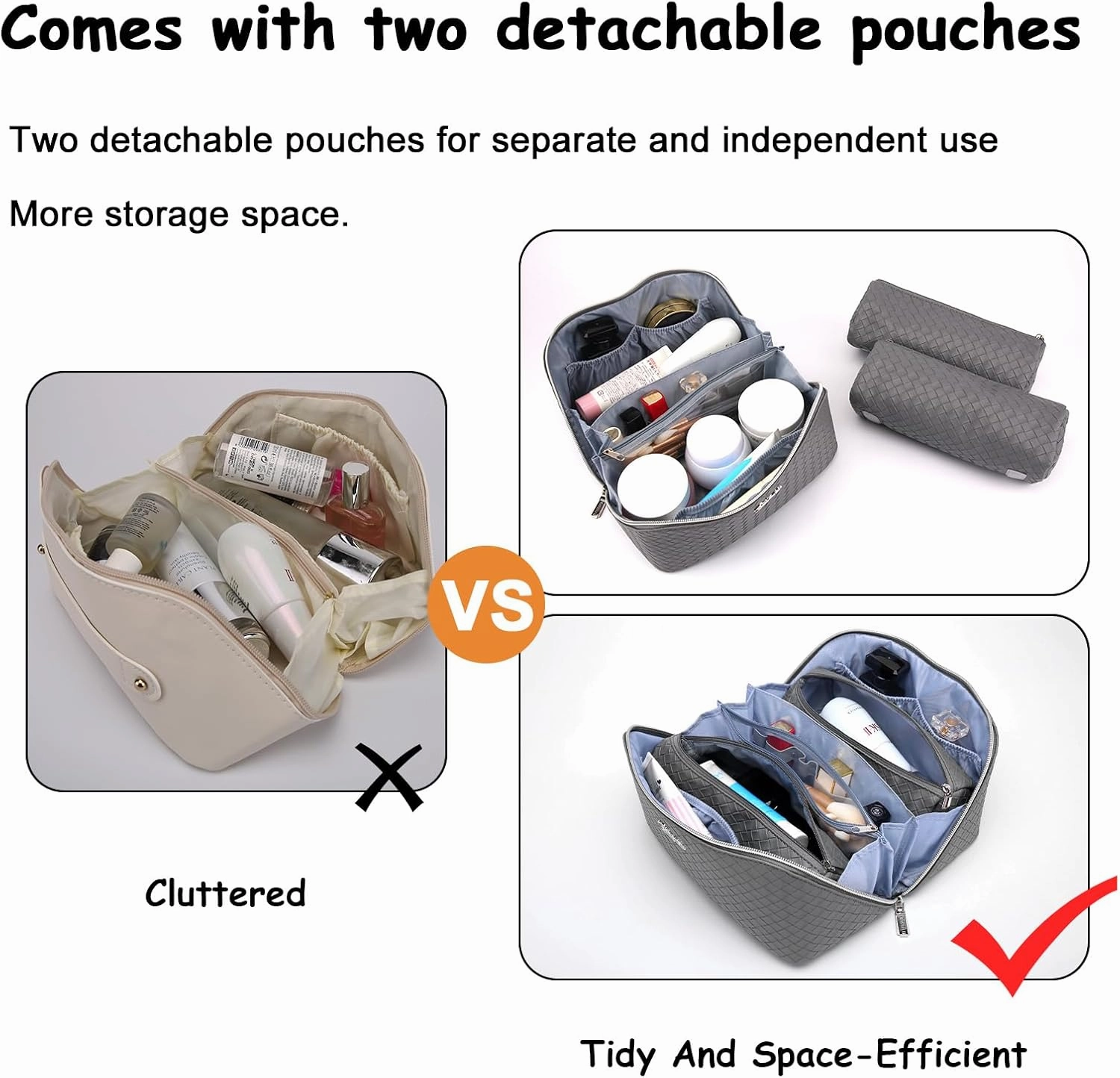 BOYATU Travel Makeup Bags for Women: 3 Piece Make up Bags Set - Large Cosmetic Bag - Vegan Leather Makeup Organizer - Portable Toiltery Bag with Divider & Handle (L05 Grey)