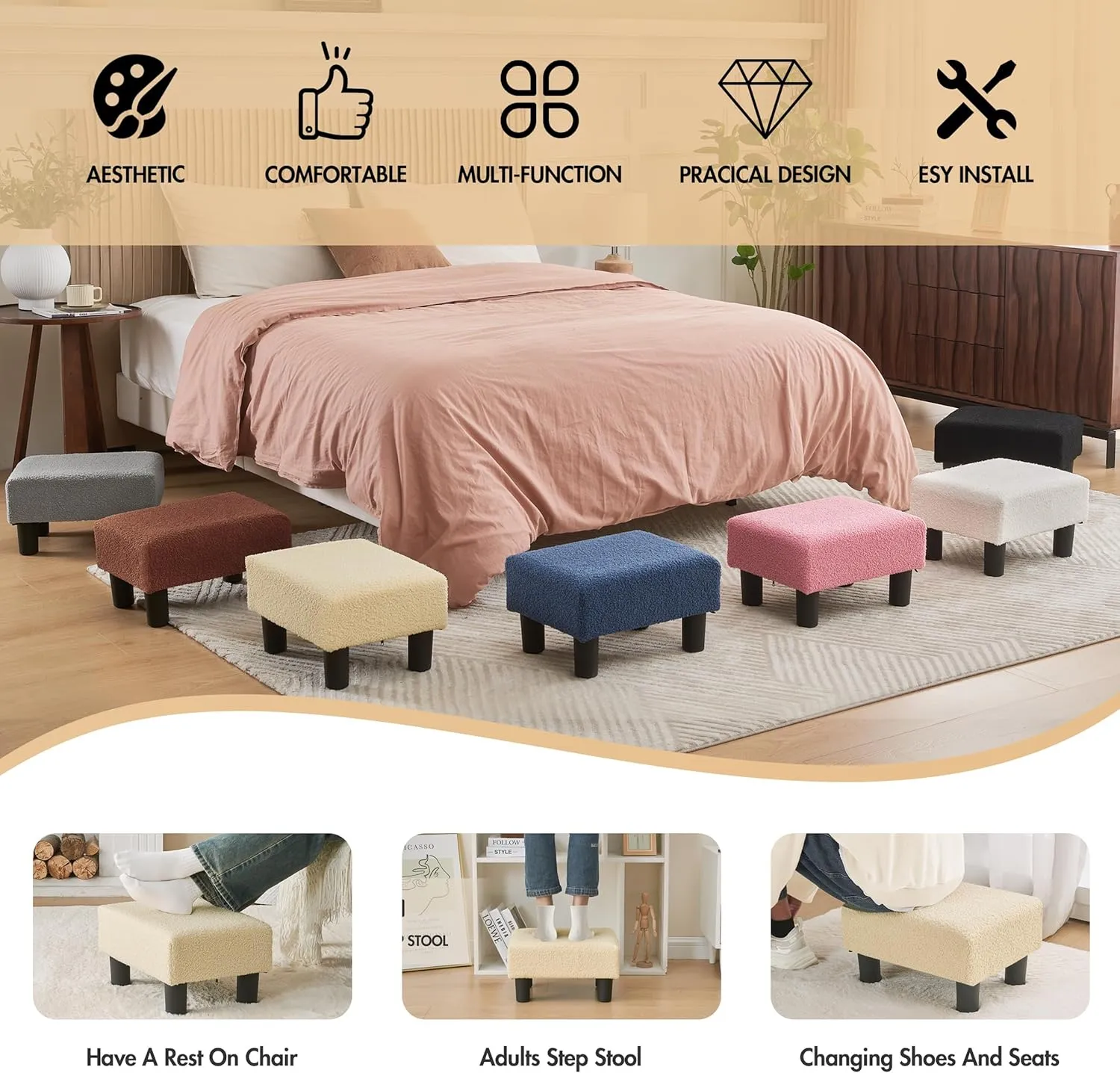 BRIAN & DANY Small Foot Stool Ottoman, Footstool with Legs, Teddy Velvet Foot Rest for Living Room, Bedroom and Office, Beige