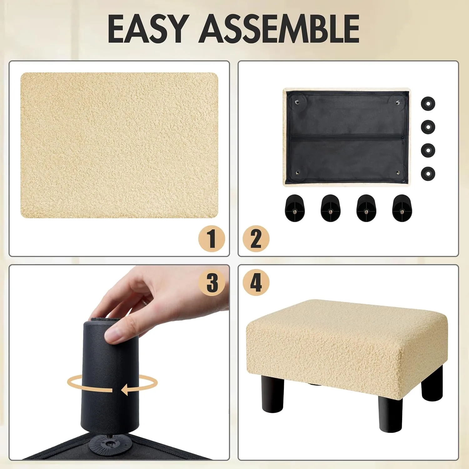 BRIAN & DANY Small Foot Stool Ottoman, Footstool with Legs, Teddy Velvet Foot Rest for Living Room, Bedroom and Office, Beige