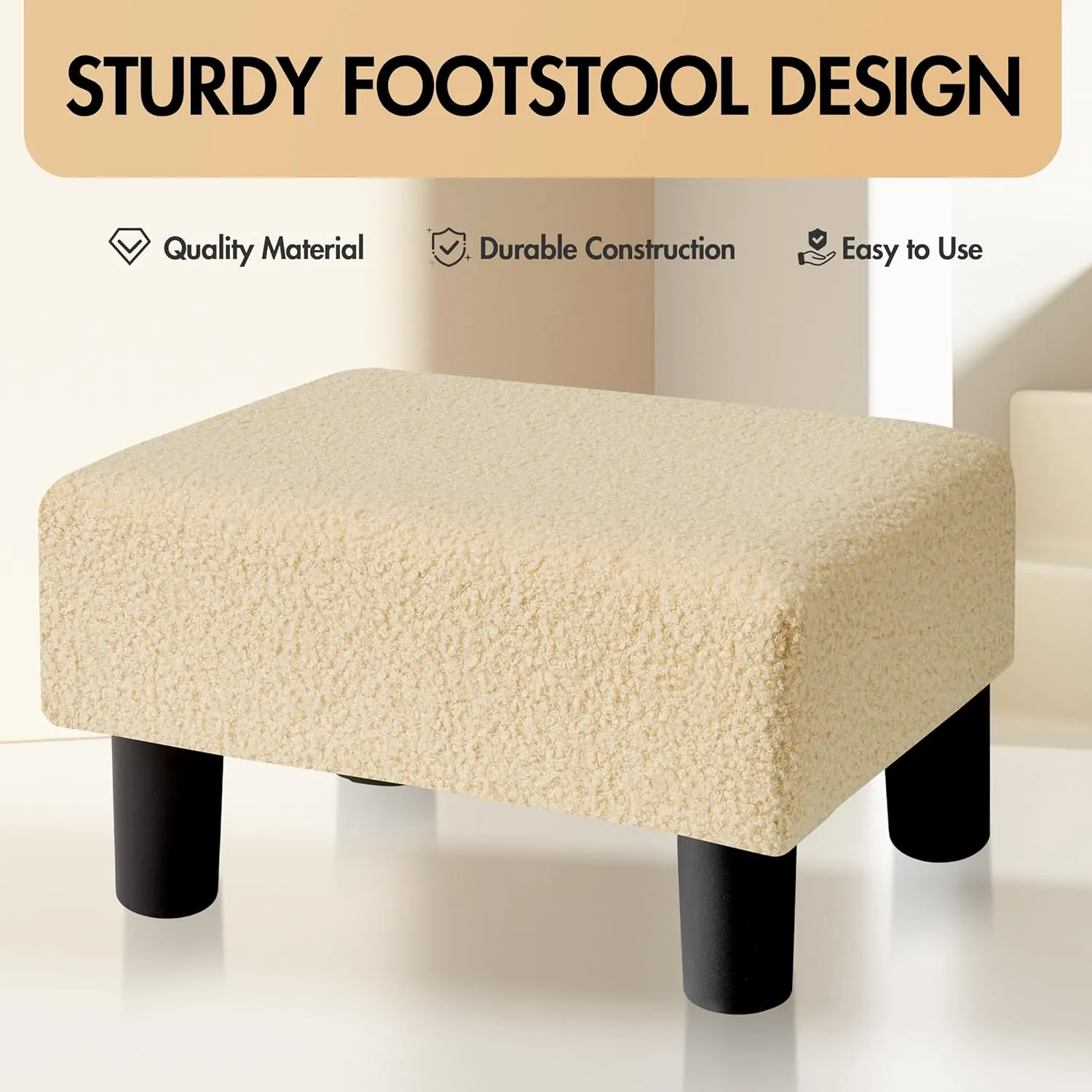 BRIAN & DANY Small Foot Stool Ottoman, Footstool with Legs, Teddy Velvet Foot Rest for Living Room, Bedroom and Office, Beige