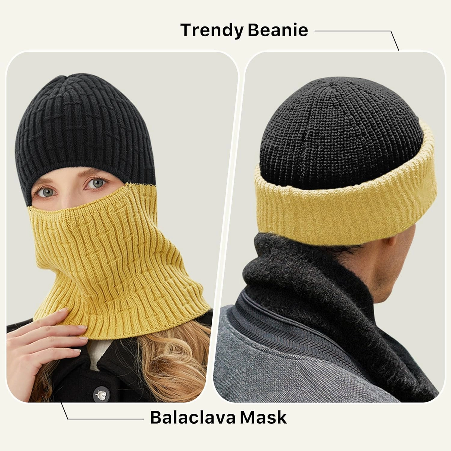BROKIG Skull Cap 2 in 1 Black Balaclava Ski Mask Winter Balaclava Mask Warm Face Mask and Beanie Hats for Men Headwear