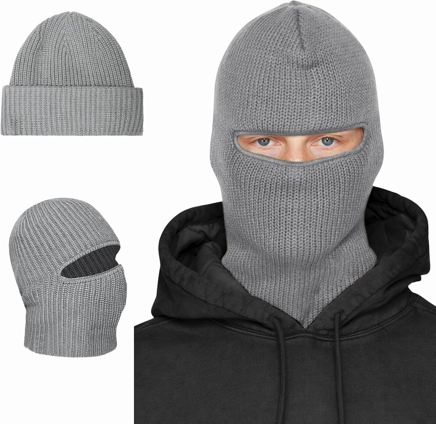 BROKIG Skull Cap 2 in 1 Black Balaclava Ski Mask Winter Balaclava Mask Warm Face Mask and Beanie Hats for Men Headwear