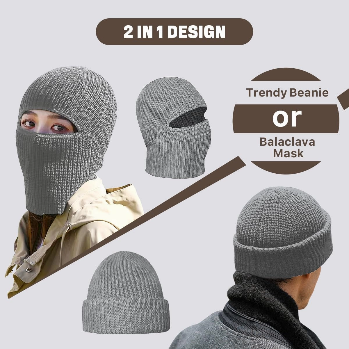 BROKIG Skull Cap 2 in 1 Black Balaclava Ski Mask Winter Balaclava Mask Warm Face Mask and Beanie Hats for Men Headwear