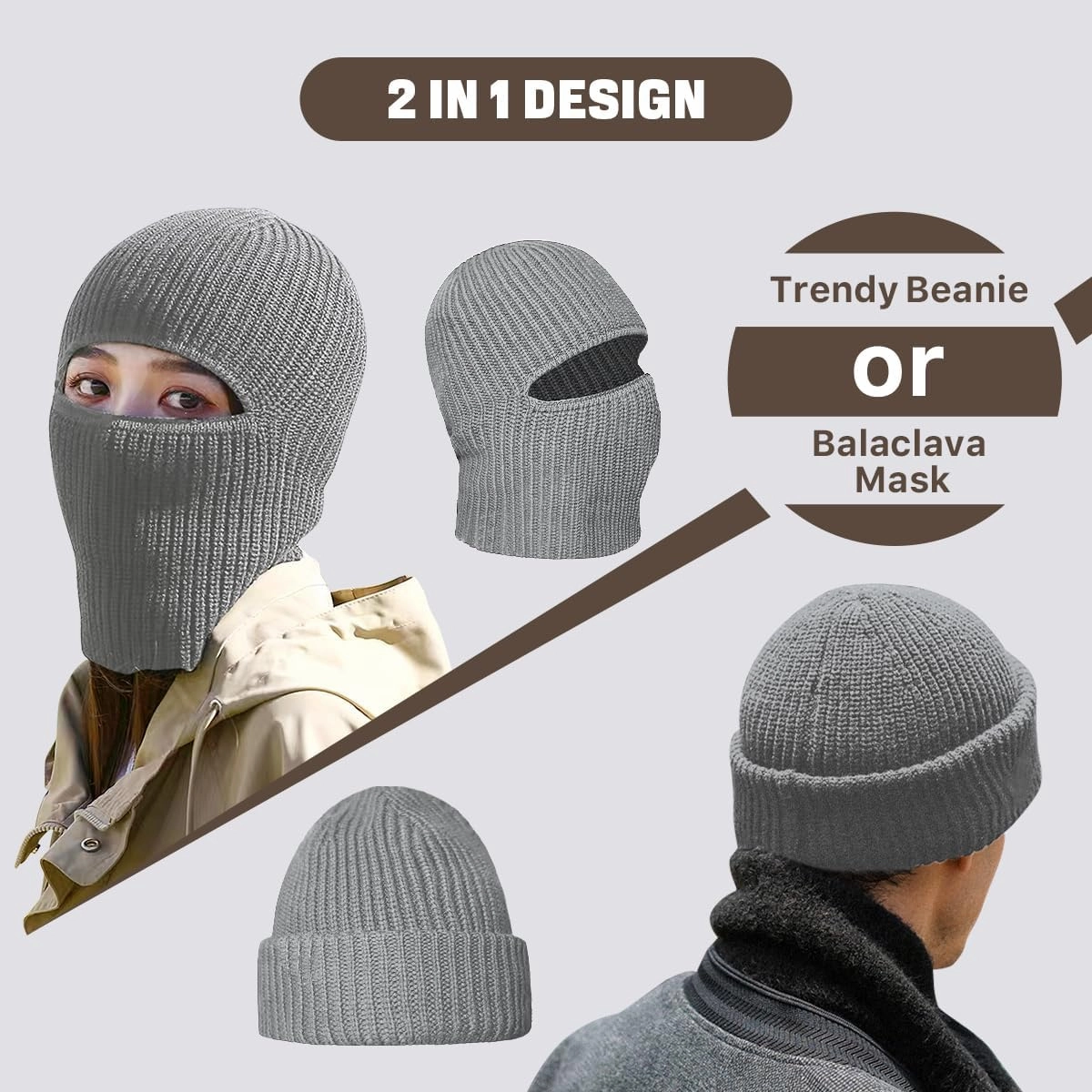 BROKIG Skull Cap 2 in 1 Black Balaclava Ski Mask Winter Balaclava Mask Warm Face Mask and Beanie Hats for Men Headwear
