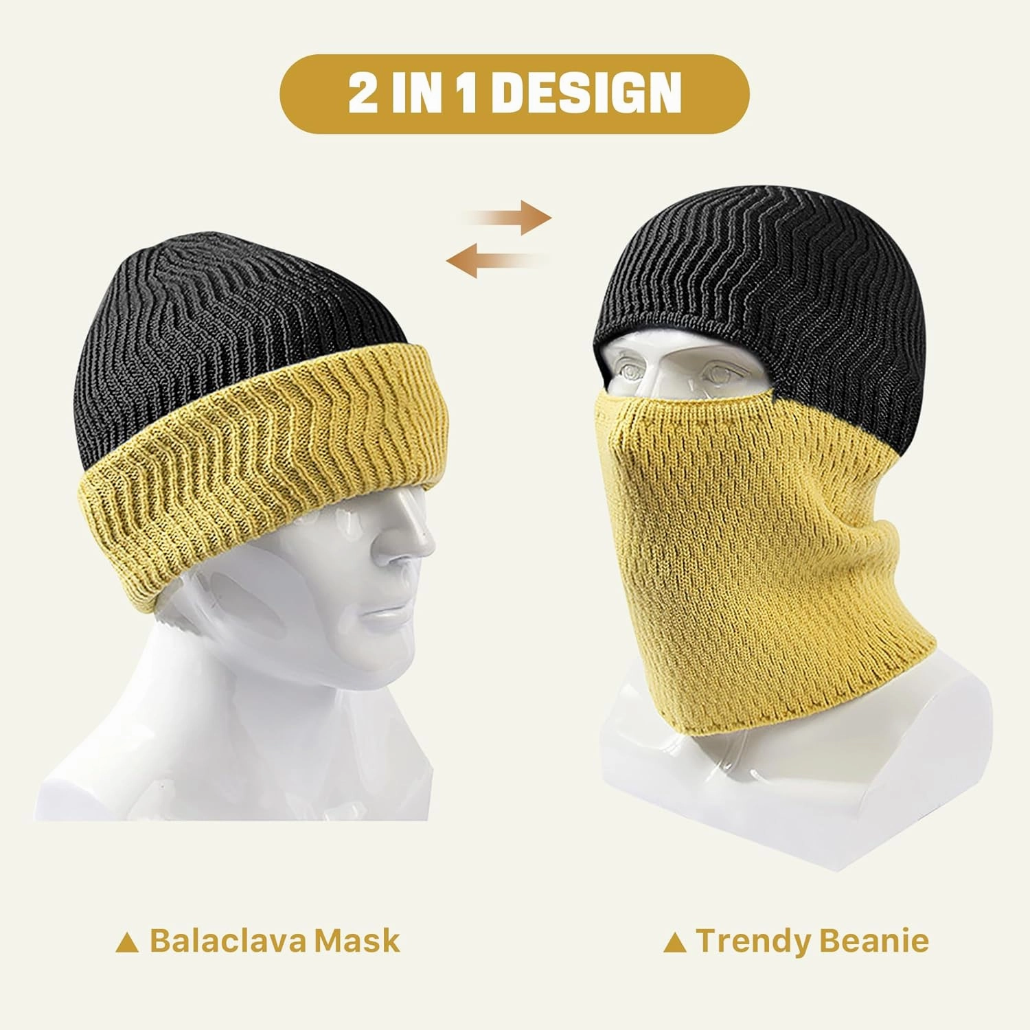 BROKIG Skull Cap 2 in 1 Black Balaclava Ski Mask Winter Balaclava Mask Warm Face Mask and Beanie Hats for Men Headwear