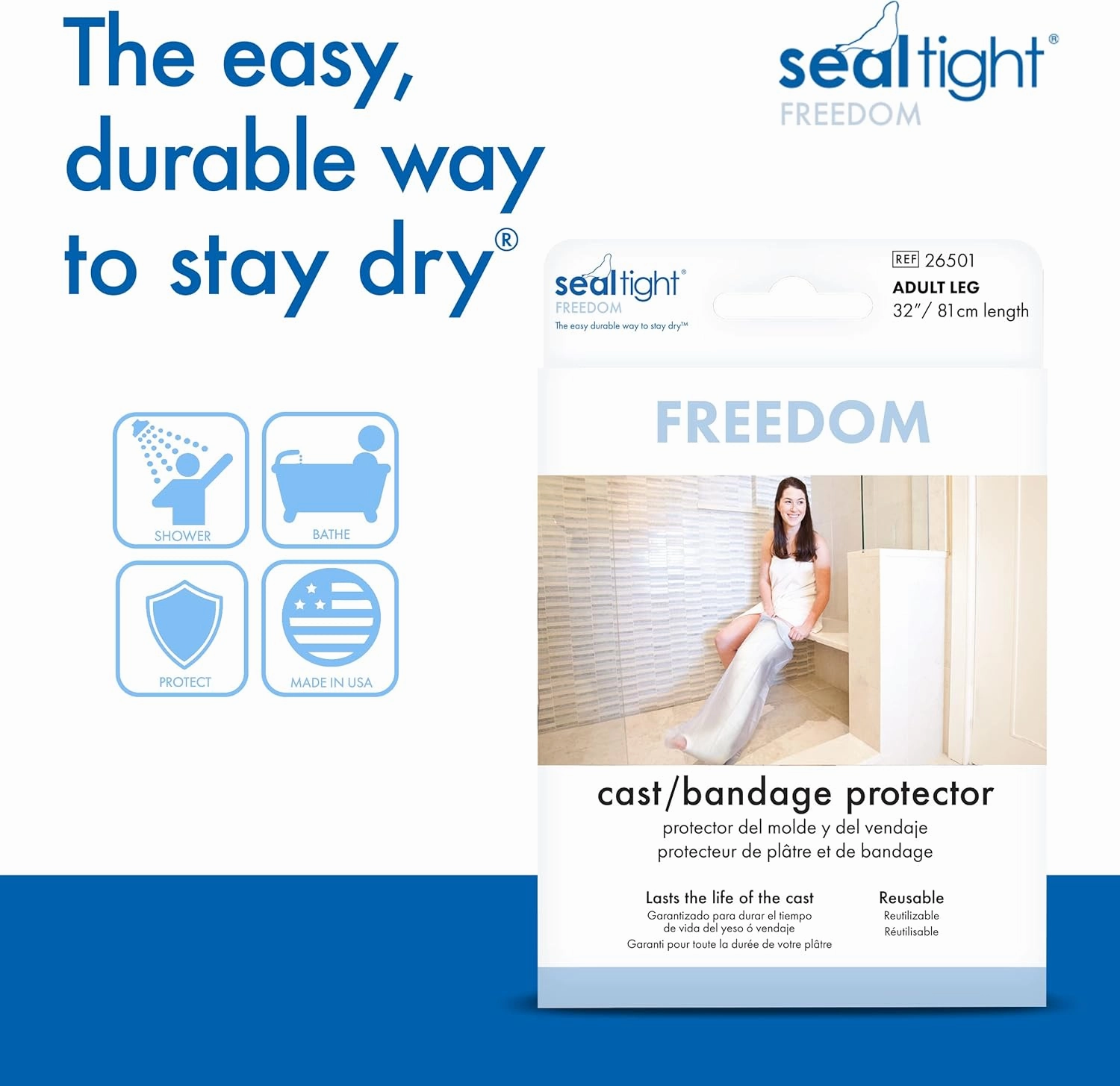Brownmed - Seal-Tight Freedom Cast & Bandage Protector - Cast Cover for Showers & Swimming - Durable Shower Bag - Waterproof Protector - Adult Leg
