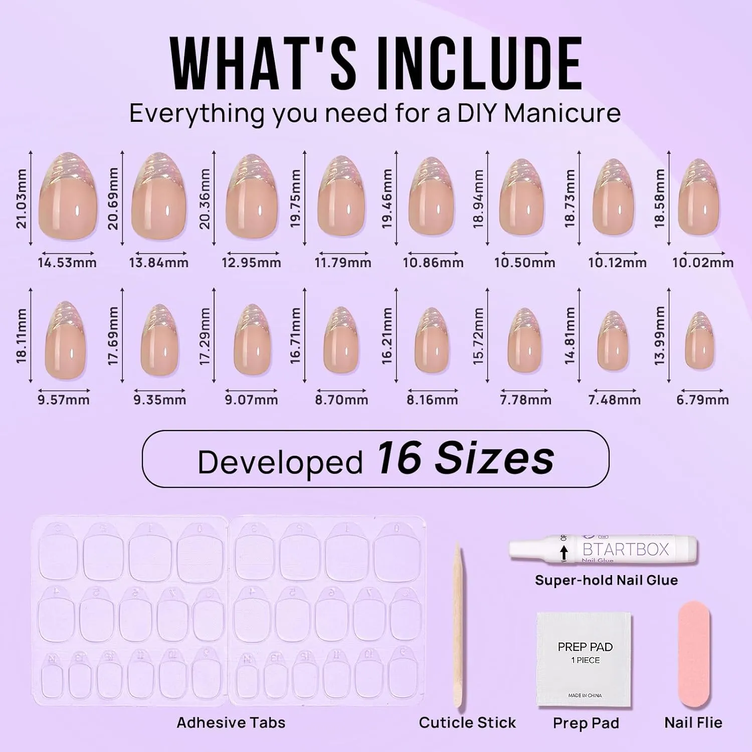 BTArtbox Short Almond Press On Nails - Aurora French Tip, Spring Glue On for Gifts, Natural Stick On in 16 Sizes - 30 Fake Nails Kit, Athena
