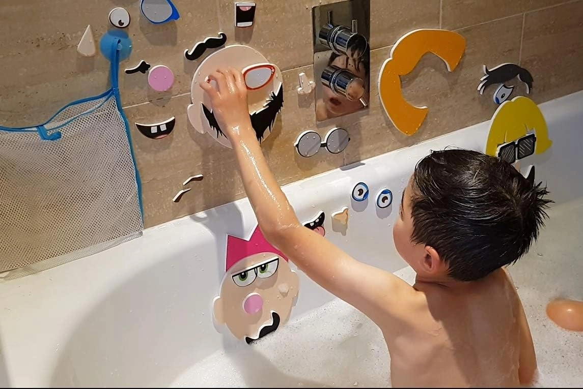 Buddy & Barney: Silly Faces Bath Time Stickers - 36 Reusable Foam Stickers & Mesh Storage Bag, Mix & Match, Fun Tub & Water Toy, Toddlers & Kids Age 3 