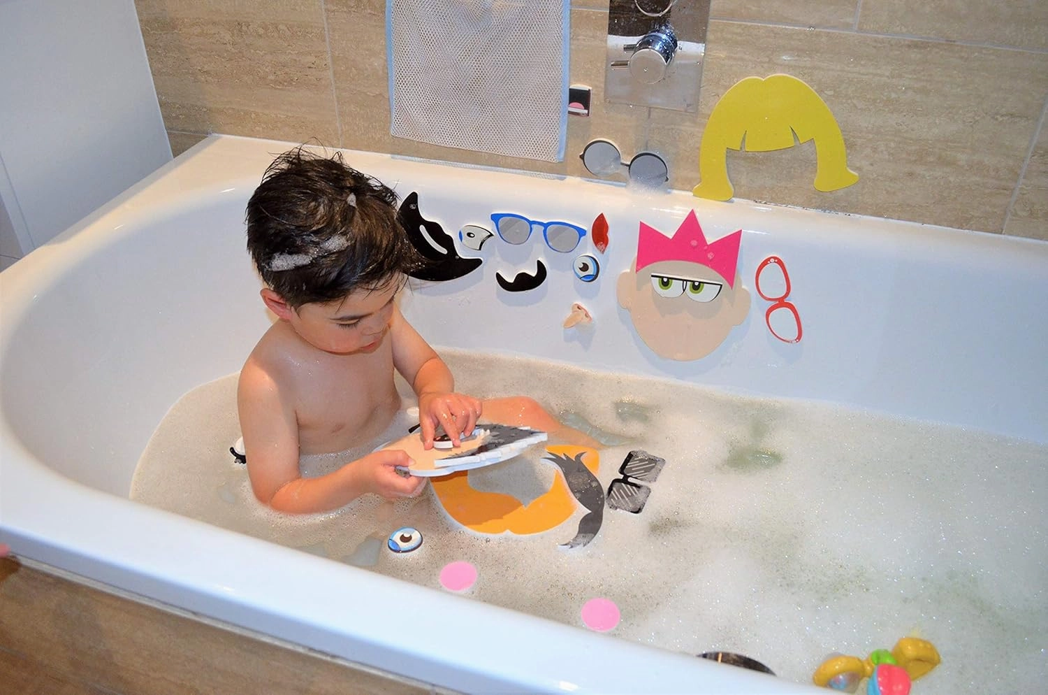 Buddy & Barney: Silly Faces Bath Time Stickers - 36 Reusable Foam Stickers & Mesh Storage Bag, Mix & Match, Fun Tub & Water Toy, Toddlers & Kids Age 3 