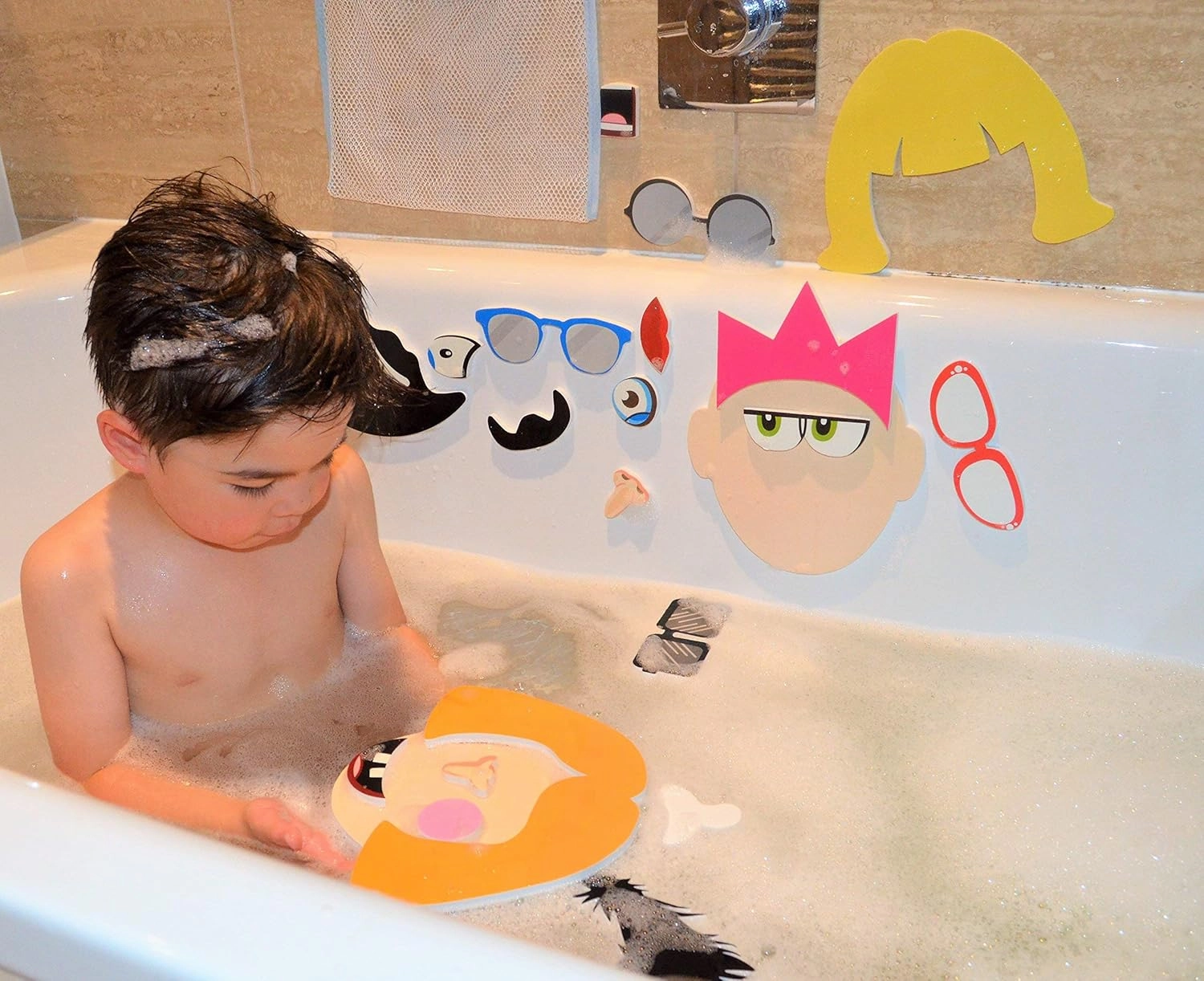 Buddy & Barney: Silly Faces Bath Time Stickers - 36 Reusable Foam Stickers & Mesh Storage Bag, Mix & Match, Fun Tub & Water Toy, Toddlers & Kids Age 3 