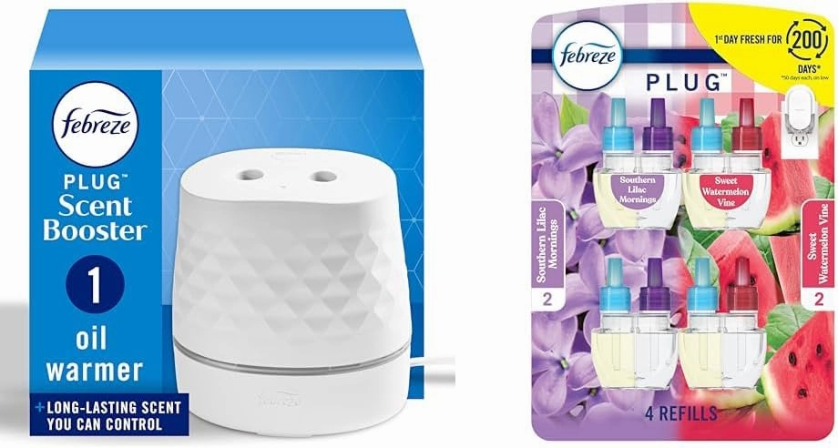 Bundle of Febreze Plug Scent Booster Continuous Scent Device Oil Diffuser   Febreze Odor-Fighting Fade Defy Plug, Southern Lilac Mornings, Sweet Watermelon Vine, Pack of 4 .79 fl. oz. Oil Refill