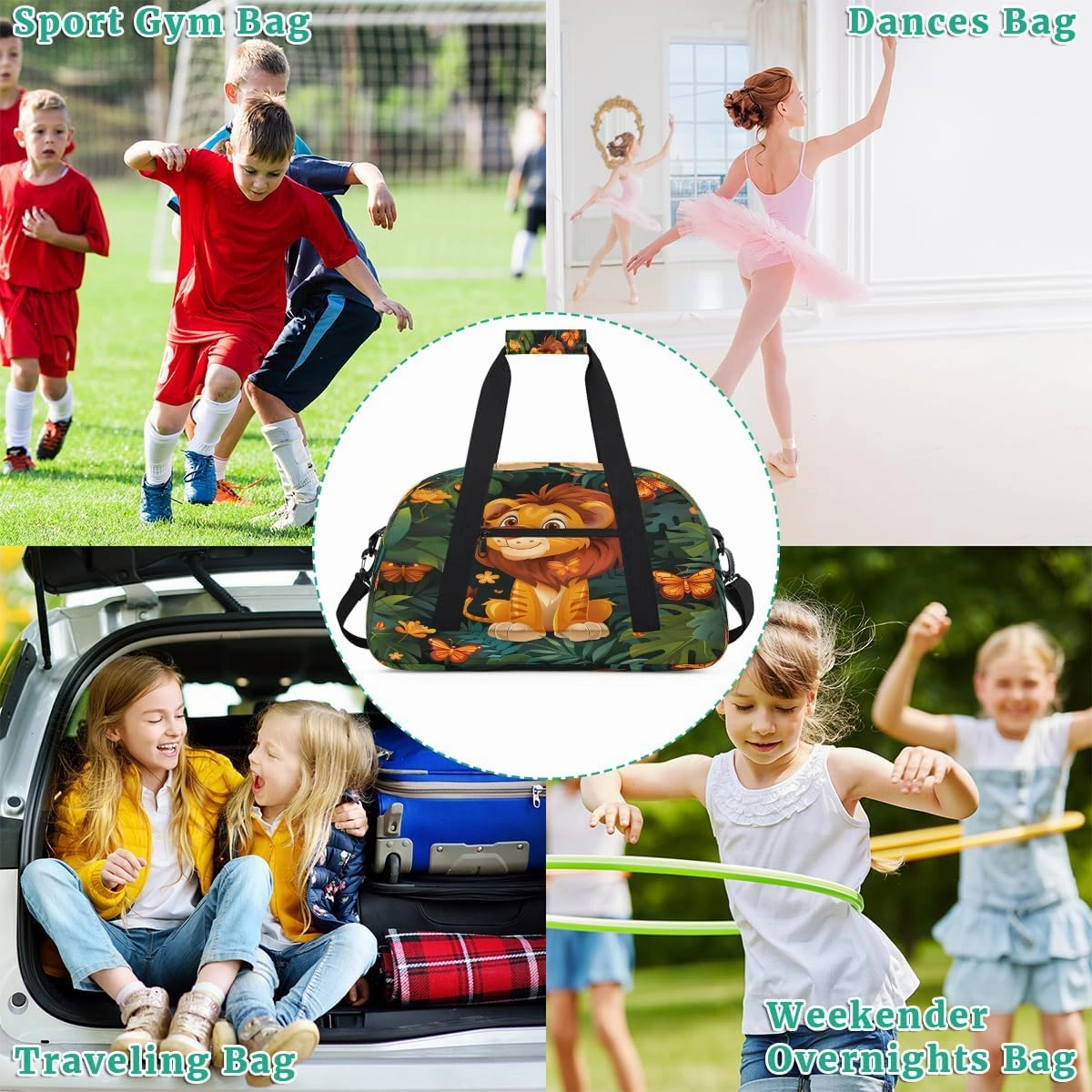 Butterfly Tiger Kids Overnighter Duffel Bags for Boys, Carry-On Size Sports Gym Bag with Front Zipper Pocket for School Practice or Overnight Travel Weekender Sleepover Tote Bag