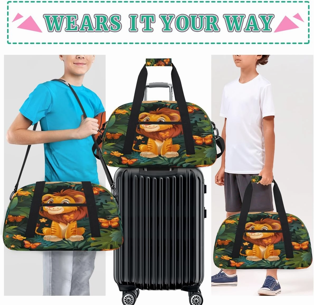 Butterfly Tiger Kids Overnighter Duffel Bags for Boys, Carry-On Size Sports Gym Bag with Front Zipper Pocket for School Practice or Overnight Travel Weekender Sleepover Tote Bag