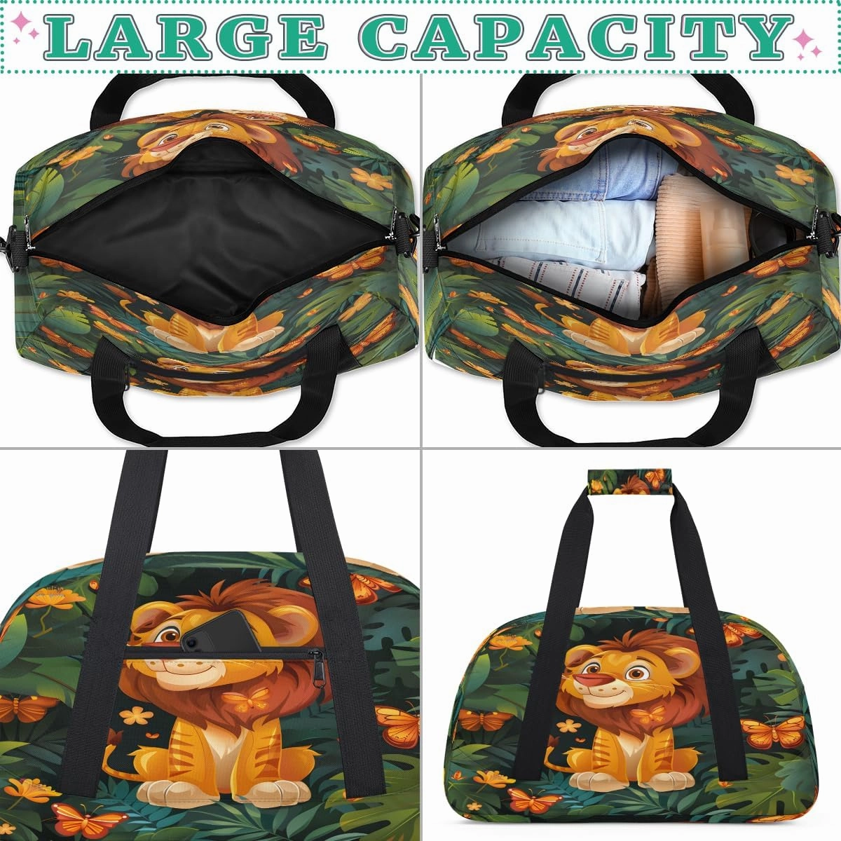 Butterfly Tiger Kids Overnighter Duffel Bags for Boys, Carry-On Size Sports Gym Bag with Front Zipper Pocket for School Practice or Overnight Travel Weekender Sleepover Tote Bag