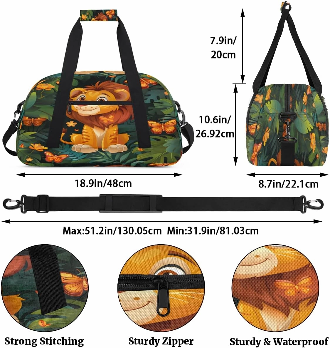 Butterfly Tiger Kids Overnighter Duffel Bags for Boys, Carry-On Size Sports Gym Bag with Front Zipper Pocket for School Practice or Overnight Travel Weekender Sleepover Tote Bag