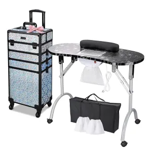 BYOOTIQUE Portable Manicure Table for Nail Tech Station Cosmetology Case on Wheels Rolling Makeup 4in1 Travel Trolley Organizer,Mermaid Silver