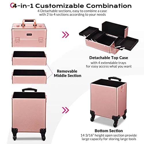 BYOOTIQUE Rolling Manicure Table 4in1 Makeup Train Case Foldable Nail Desk Cosmetology Case on Wheels with Built-in Dust Collector for Technician