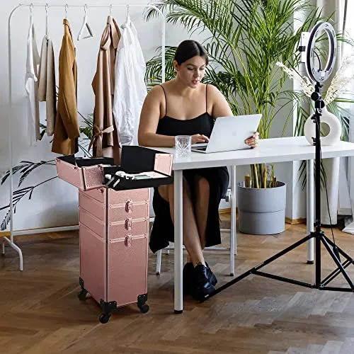 BYOOTIQUE Rolling Manicure Table 4in1 Makeup Train Case Foldable Nail Desk Cosmetology Case on Wheels with Built-in Dust Collector for Technician