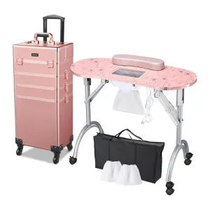 BYOOTIQUE Rolling Manicure Table 4in1 Makeup Train Case Foldable Nail Desk Cosmetology Case on Wheels with Built-in Dust Collector for Technician