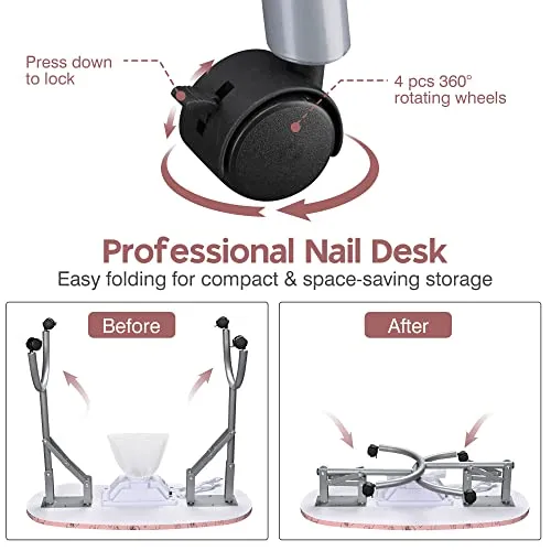 BYOOTIQUE Rolling Manicure Table 4in1 Makeup Train Case Foldable Nail Desk Cosmetology Case on Wheels with Built-in Dust Collector for Technician