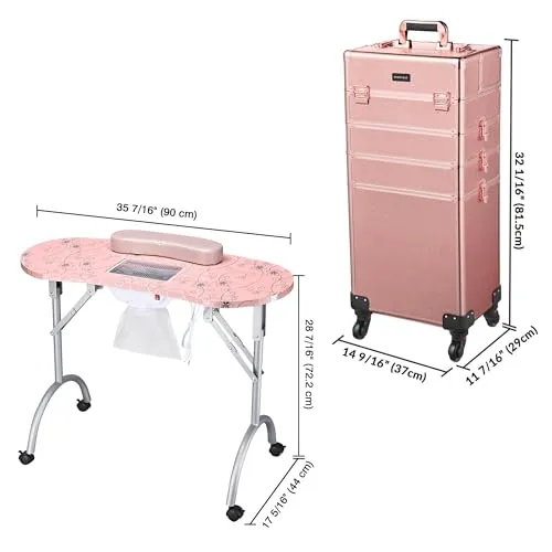BYOOTIQUE Rolling Manicure Table 4in1 Makeup Train Case Foldable Nail Desk Cosmetology Case on Wheels with Built-in Dust Collector for Technician