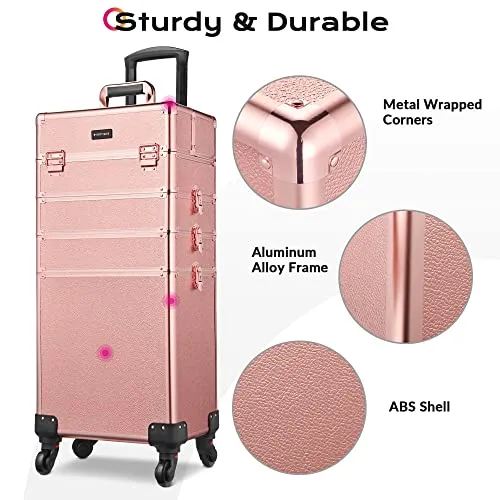 BYOOTIQUE Rolling Manicure Table 4in1 Makeup Train Case Foldable Nail Desk Cosmetology Case on Wheels with Built-in Dust Collector for Technician