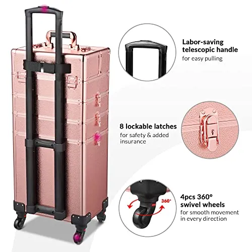 BYOOTIQUE Rolling Manicure Table 4in1 Makeup Train Case Foldable Nail Desk Cosmetology Case on Wheels with Built-in Dust Collector for Technician
