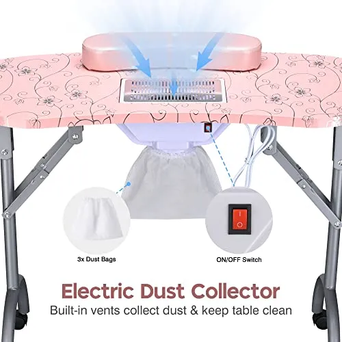 BYOOTIQUE Rolling Manicure Table 4in1 Makeup Train Case Foldable Nail Desk Cosmetology Case on Wheels with Built-in Dust Collector for Technician