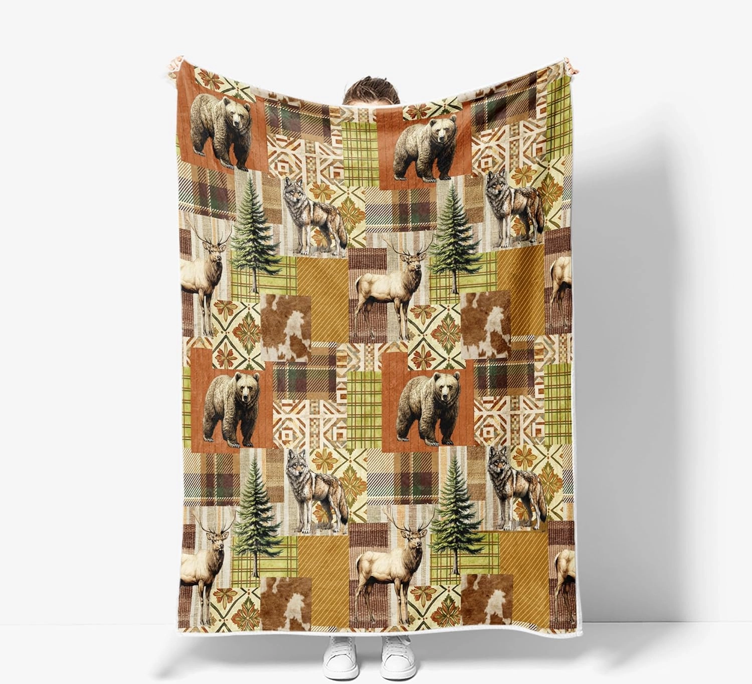 Cabin Blanket, Bear Deer Forest Wildlife Country Lodge Flannel Cozy Warm Bed Couch Blanket, Rustic Hunting Camping Animal White Fleece Flannel Throws to Decorate The Room and Bedroom
