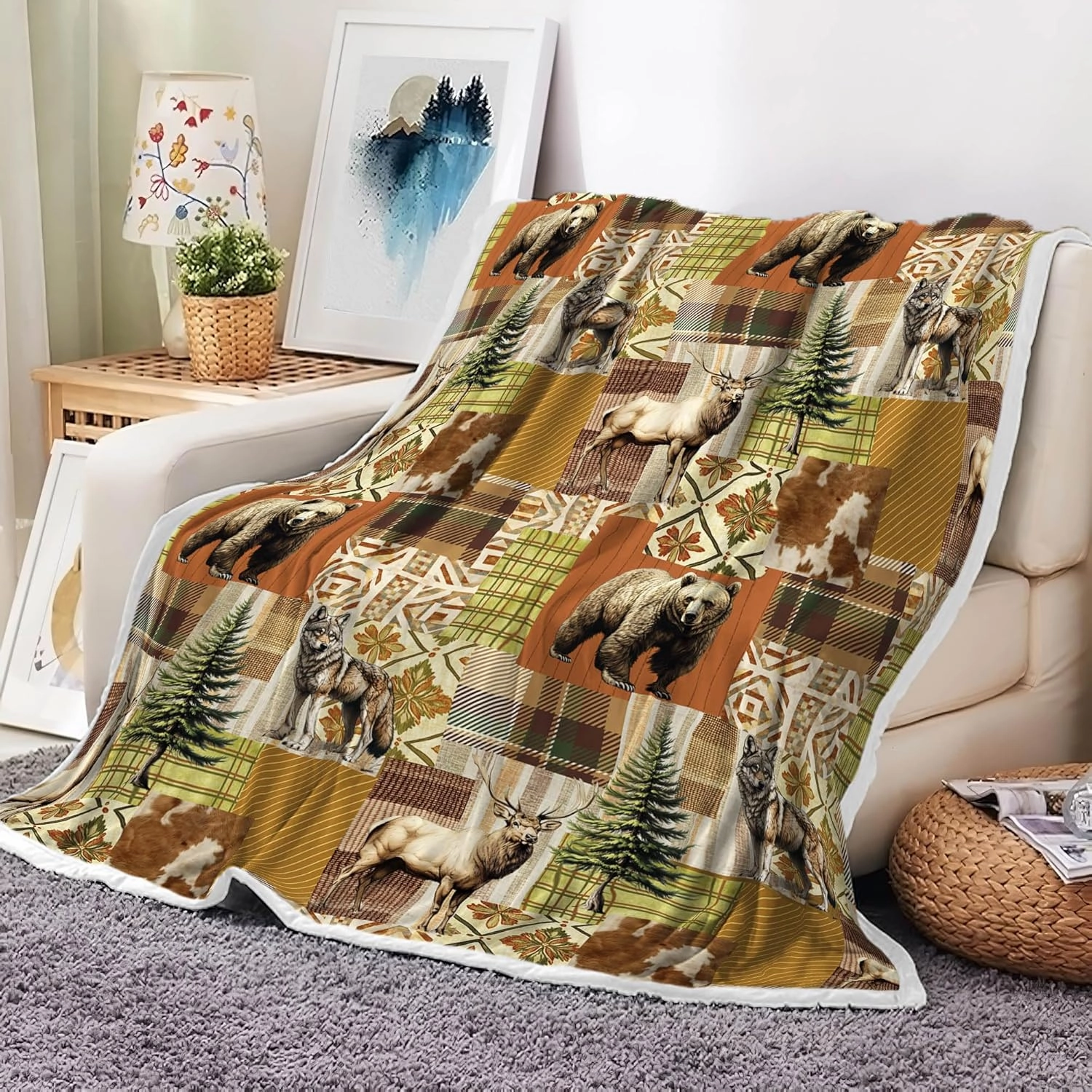 Cabin Blanket, Bear Deer Forest Wildlife Country Lodge Flannel Cozy Warm Bed Couch Blanket, Rustic Hunting Camping Animal White Fleece Flannel Throws to Decorate The Room and Bedroom