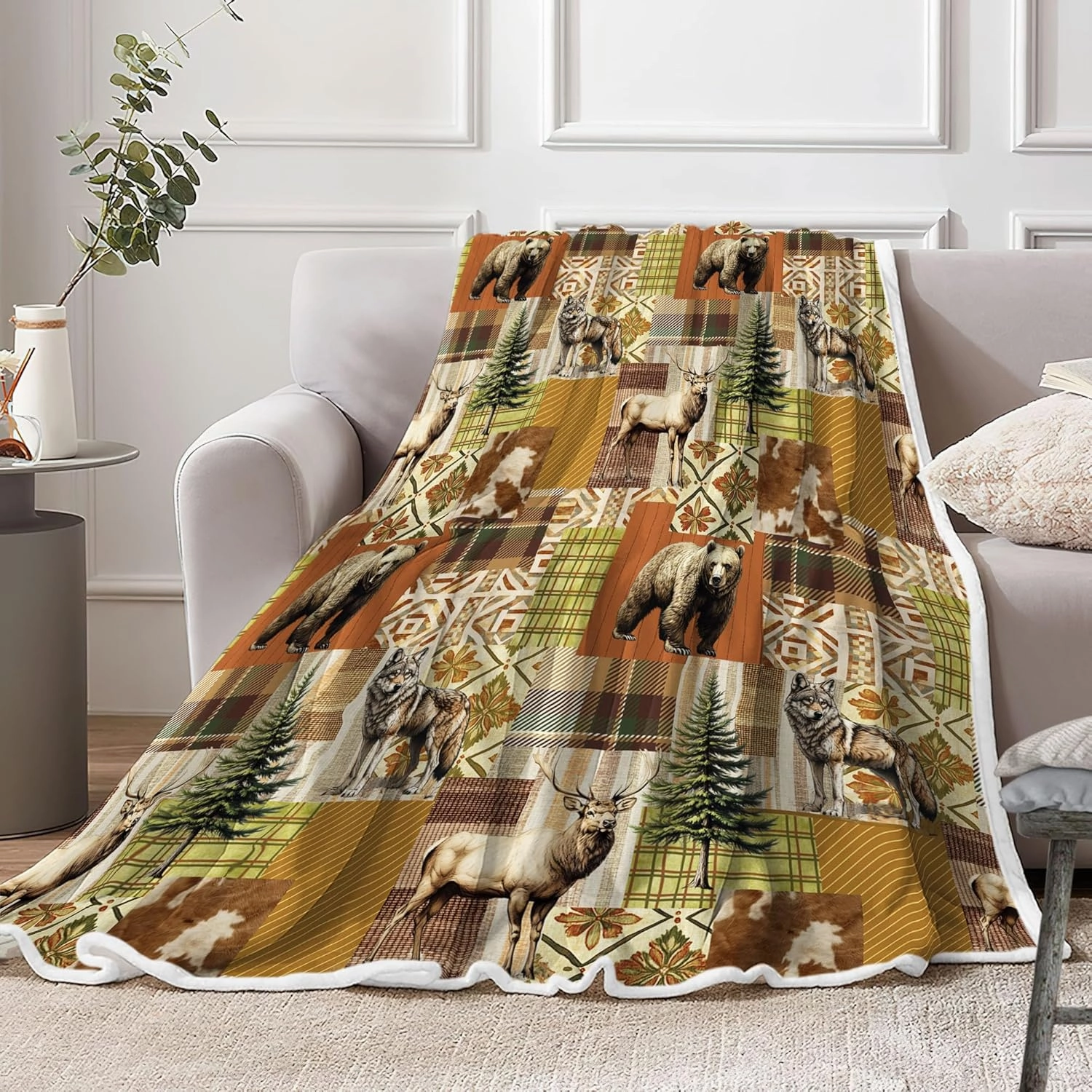 Cabin Blanket, Bear Deer Forest Wildlife Country Lodge Flannel Cozy Warm Bed Couch Blanket, Rustic Hunting Camping Animal White Fleece Flannel Throws to Decorate The Room and Bedroom