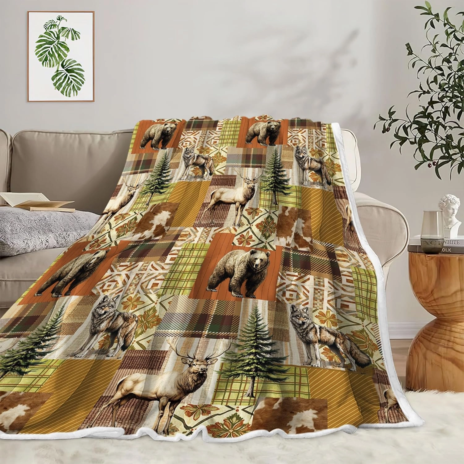 Cabin Blanket, Bear Deer Forest Wildlife Country Lodge Flannel Cozy Warm Bed Couch Blanket, Rustic Hunting Camping Animal White Fleece Flannel Throws to Decorate The Room and Bedroom