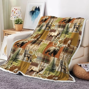 Cabin Blanket, Bear Deer Forest Wildlife Country Lodge Flannel Cozy Warm Bed Couch Blanket, Rustic Hunting Camping Animal White Fleece Flannel Throws to Decorate The Room and Bedroom