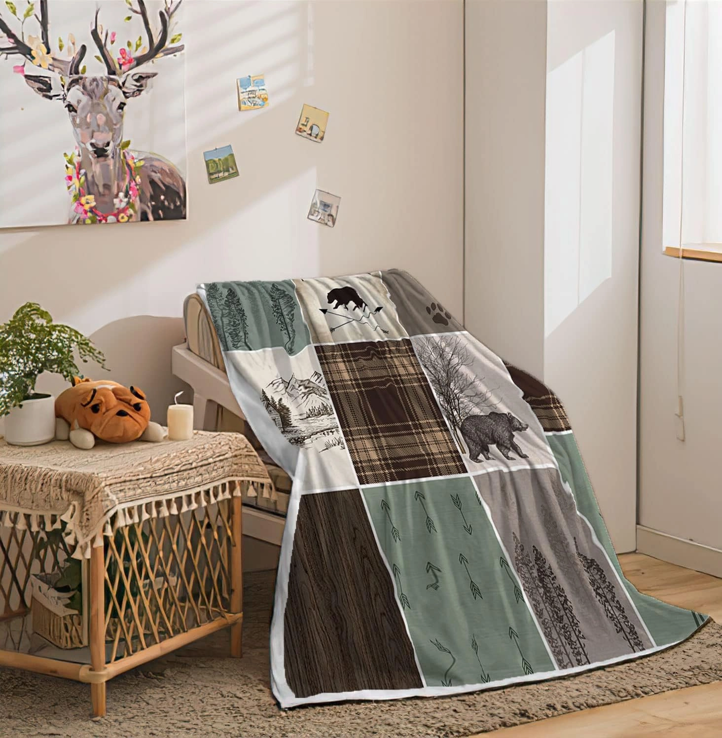 Cabin Retro Rustic Lodge Flannel Throw Blankets, Bear Deer Country Hunting Wild Animal Cozy Warm Bed Couch Blanket, White Fleece Flannel Throws to Decorate The Room and Bedroom Camping Travel