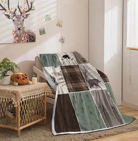 Cabin Retro Rustic Lodge Flannel Throw Blankets, Bear Deer Country Hunting Wild Animal Cozy Warm Bed Couch Blanket, White Fleece Flannel Throws to Decorate The Room and Bedroom Camping Travel