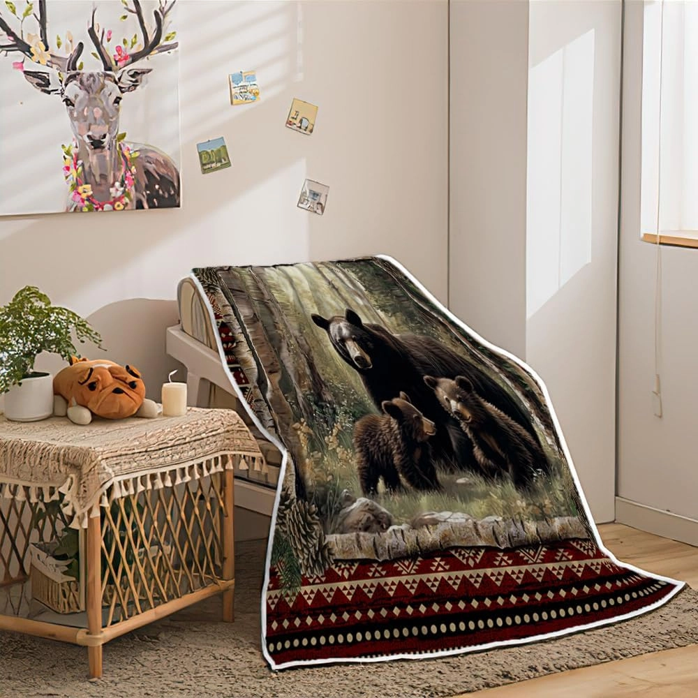 Cabin Throw Blankets, Rustic Farmhouse Hunting Deer Bear Sports Cozy Warm Bed Couch Blanket, Country Wooden Hunting Camping Forest White Fleece Flannel Throws to Decorate The Room and Bedroom