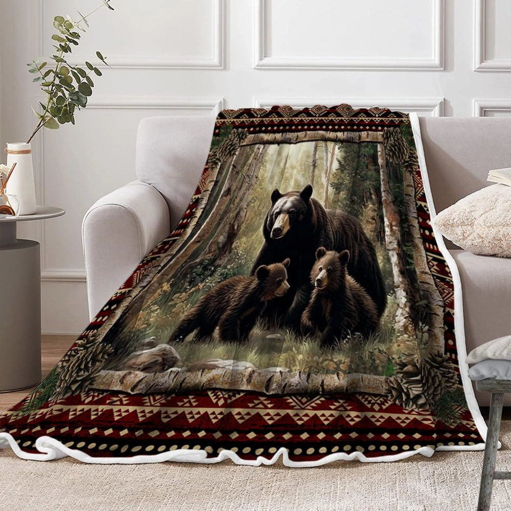 Cabin Throw Blankets, Rustic Farmhouse Hunting Deer Bear Sports Cozy Warm Bed Couch Blanket, Country Wooden Hunting Camping Forest White Fleece Flannel Throws to Decorate The Room and Bedroom