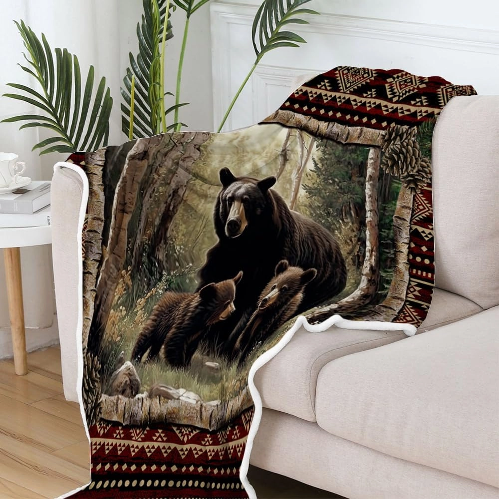 Cabin Throw Blankets, Rustic Farmhouse Hunting Deer Bear Sports Cozy Warm Bed Couch Blanket, Country Wooden Hunting Camping Forest White Fleece Flannel Throws to Decorate The Room and Bedroom