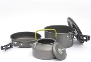 Camping Outdoor Cookware Set – 2-3 Person Pot, Frying Pan, Teapot, Kettle, Non-Stick Aluminum Picnic Cooking Kit with Rotatable Handle