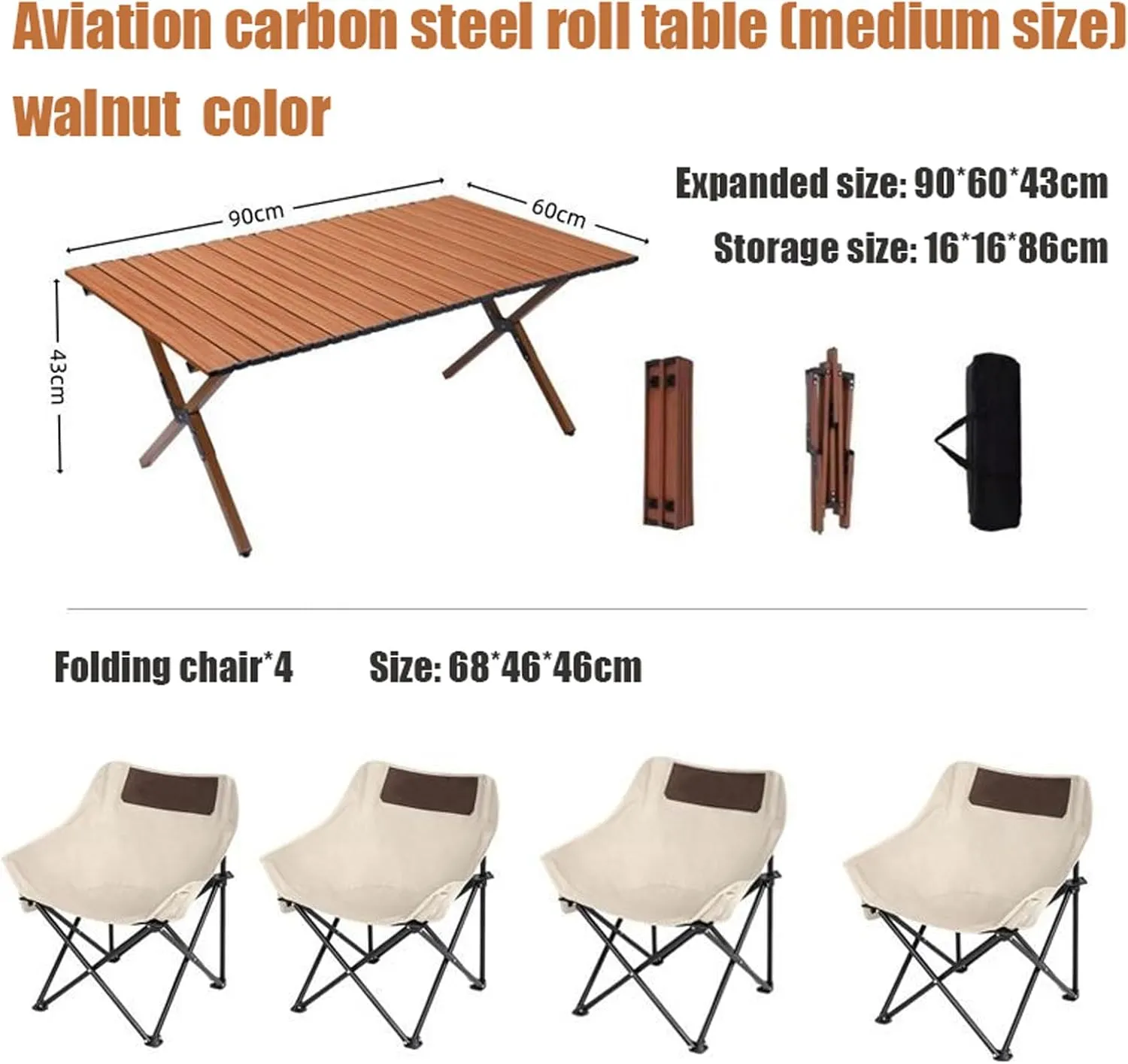 Camping Table with Chair Set, Foldable Portable Carbon Steel Roll-up Table Lightweight Folding Directors Chair Lawn Chair for BBQ Picnic Garden Parties