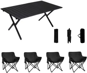 Camping Table with Chair Set, Foldable Portable Carbon Steel Roll-up Table Lightweight Folding Directors Chair Lawn Chair for BBQ Picnic Garden Parties