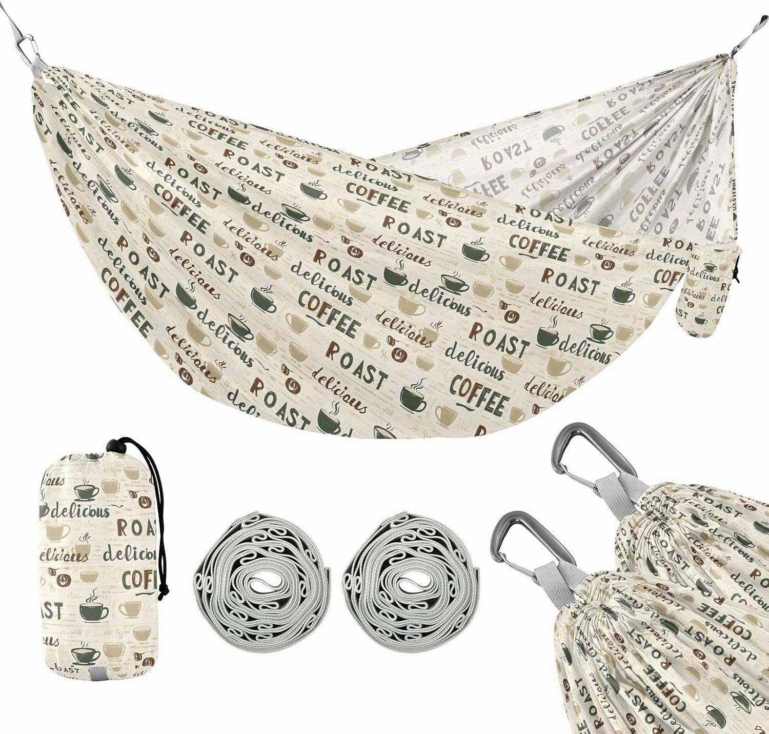 Camping Hammock Outdoor Hammocks for Outside Coffee Letters Beach Trees Portable Lightweight with Pockets Tree Straps Indoor