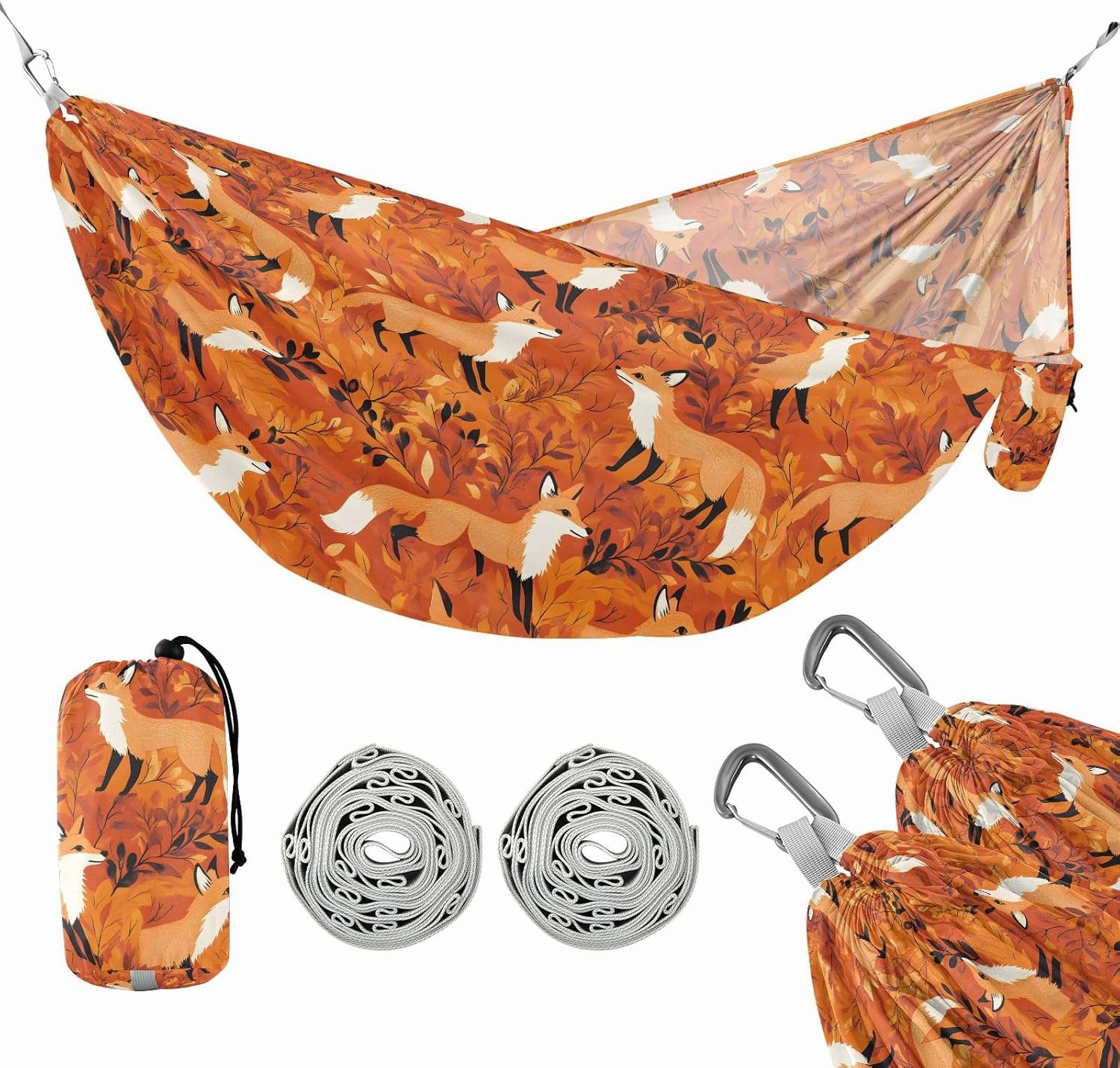 Camping Hammock Outdoor Hammocks for Outside Fox Orange Beach Trees Portable Lightweight with Pockets Tree Straps Indoor