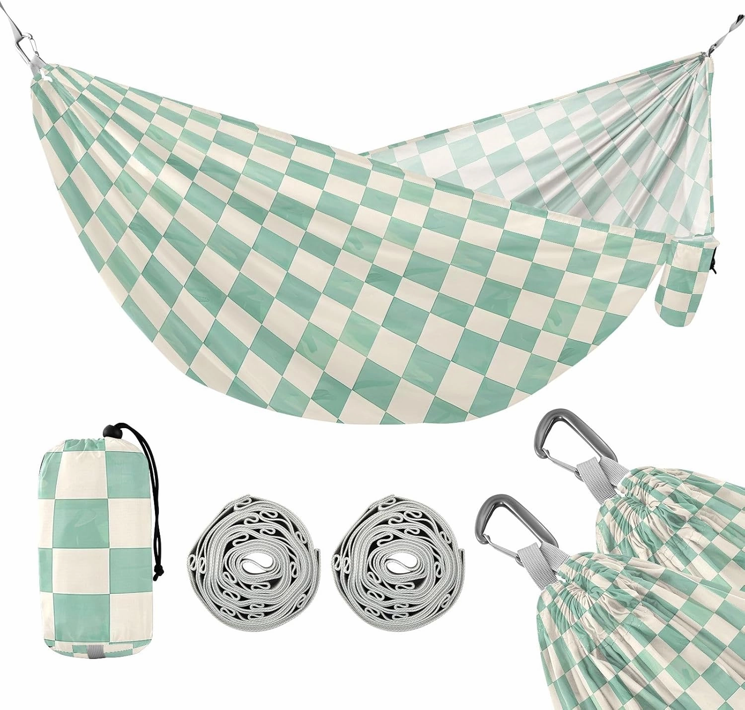 Camping Hammock Outdoor Hammocks for Outside Mint Cream Checked Beach Trees Portable Lightweight with Pockets Tree Straps Indoor