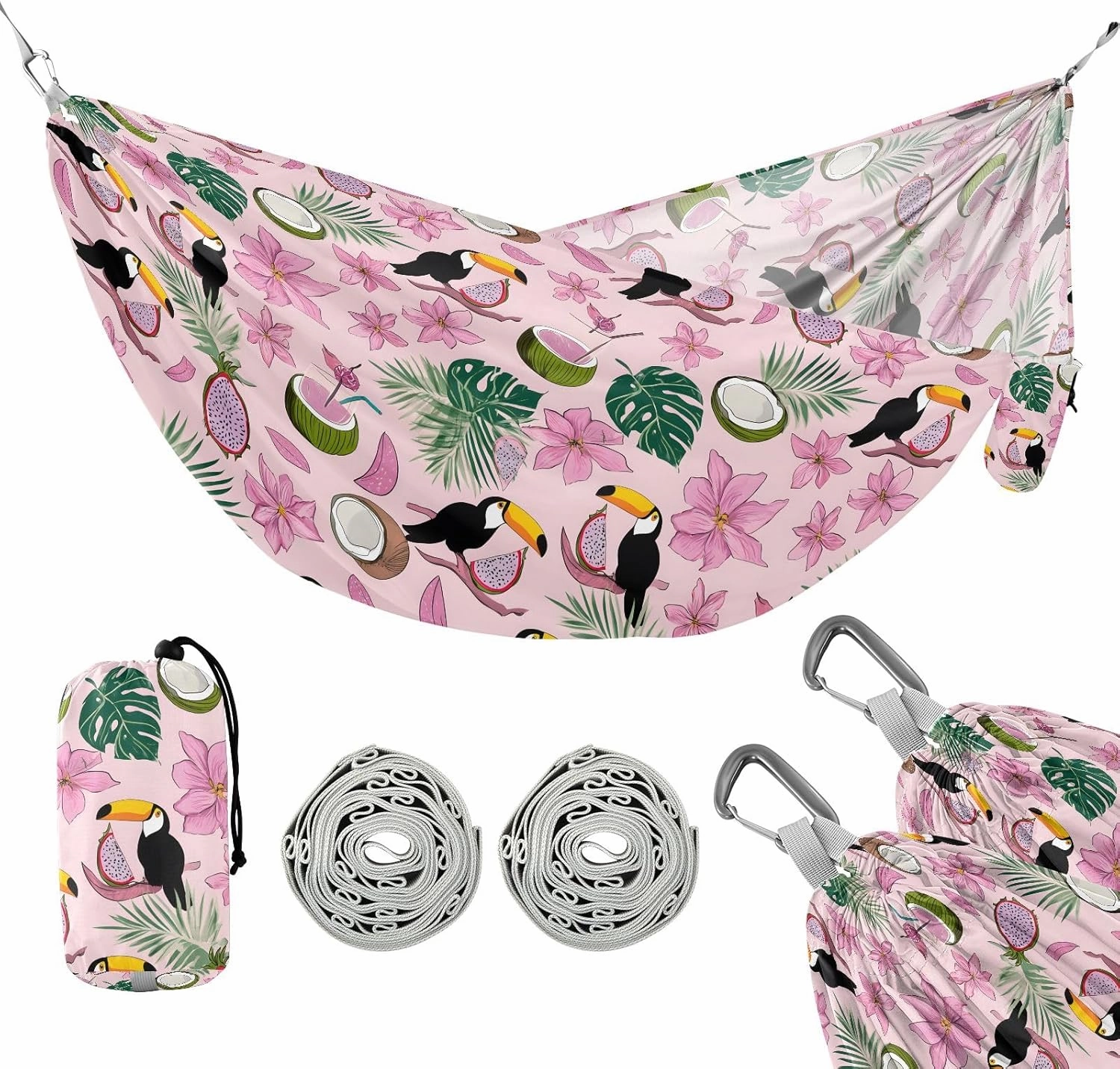 Camping Hammock Outdoor Hammocks for Outside Toucan Pink Fruit Beach Trees Portable Lightweight with Pockets Tree Straps Indoor