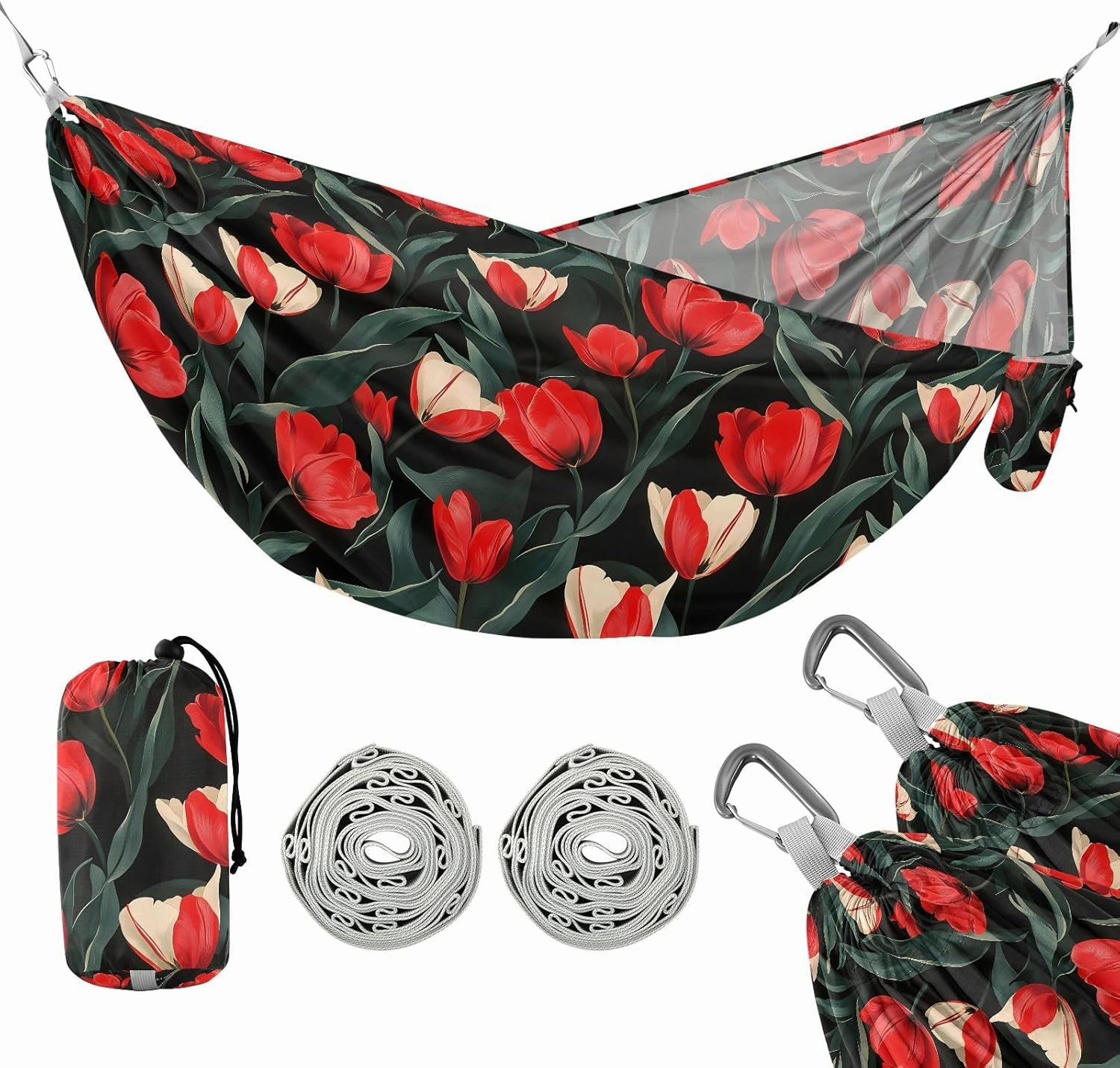 Camping Hammock Outdoor Hammocks for Outside Tulip Black Red Beach Trees Portable Lightweight with Pockets Tree Straps Indoor Small