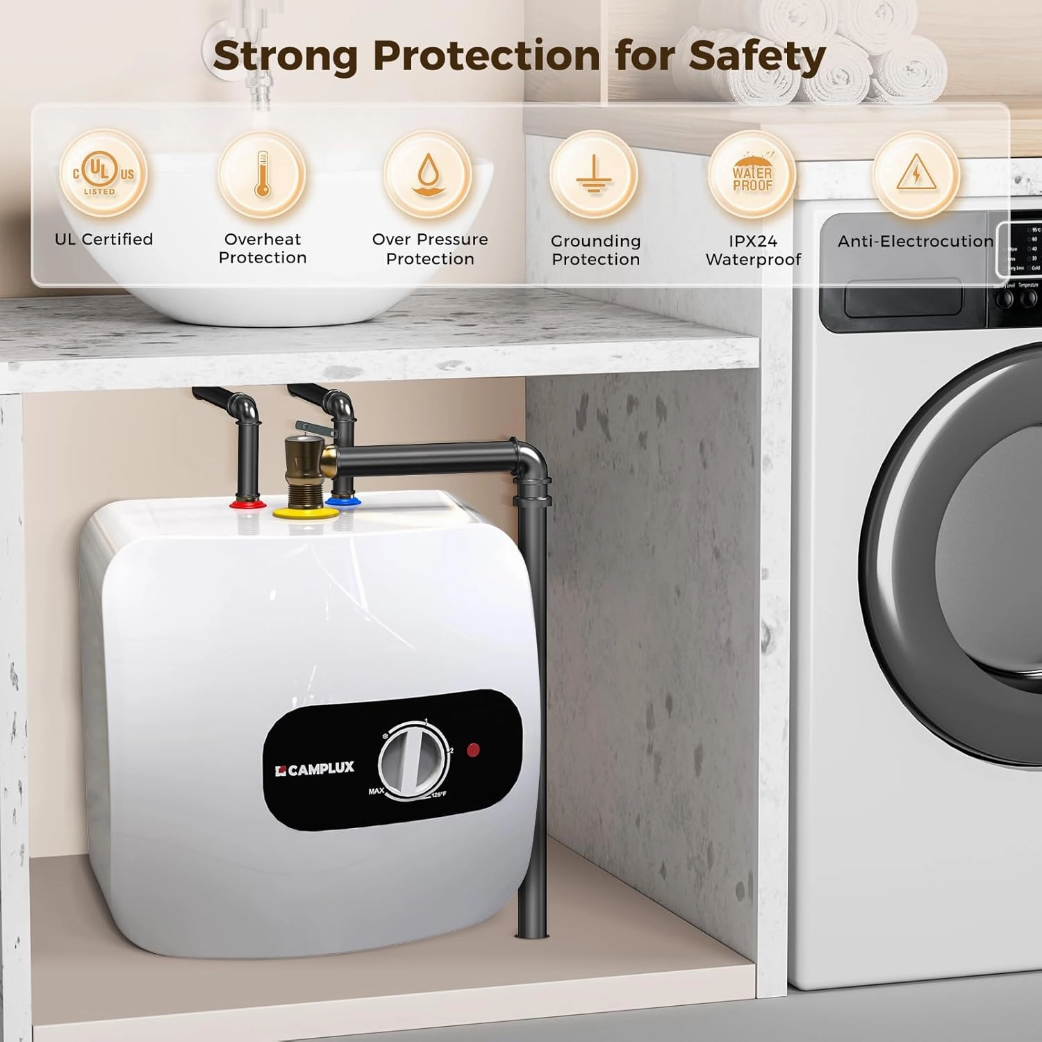 CAMPLUX Electric Mini-Tank Water Heater 8 Gallon (ME80B) On-demand Endless Water Heater, 120-Volt Corded 1440W, Under Sink, Wall or Floor Mounted