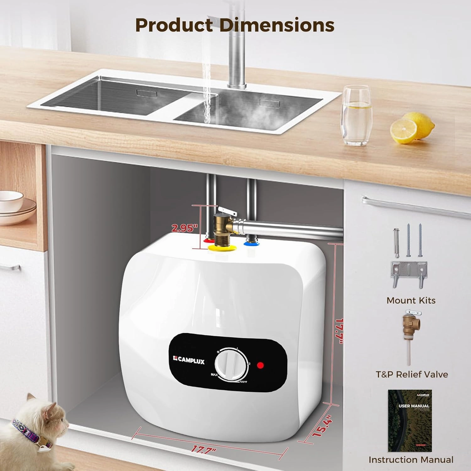 CAMPLUX Electric Mini-Tank Water Heater 8 Gallon (ME80B) On-demand Endless Water Heater, 120-Volt Corded 1440W, Under Sink, Wall or Floor Mounted